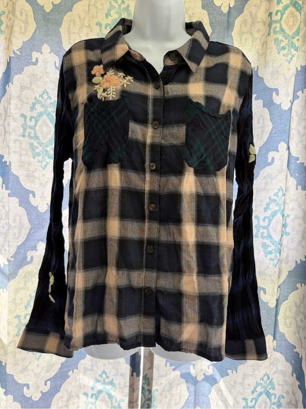Miss Me Blue Plaid Flannel Floral Embroidered Top XL Grunge Boho Bohemian